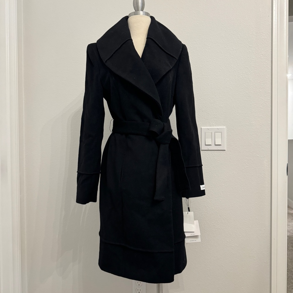 Calvin Klein Black Belted Wool-Blend Trench Coat